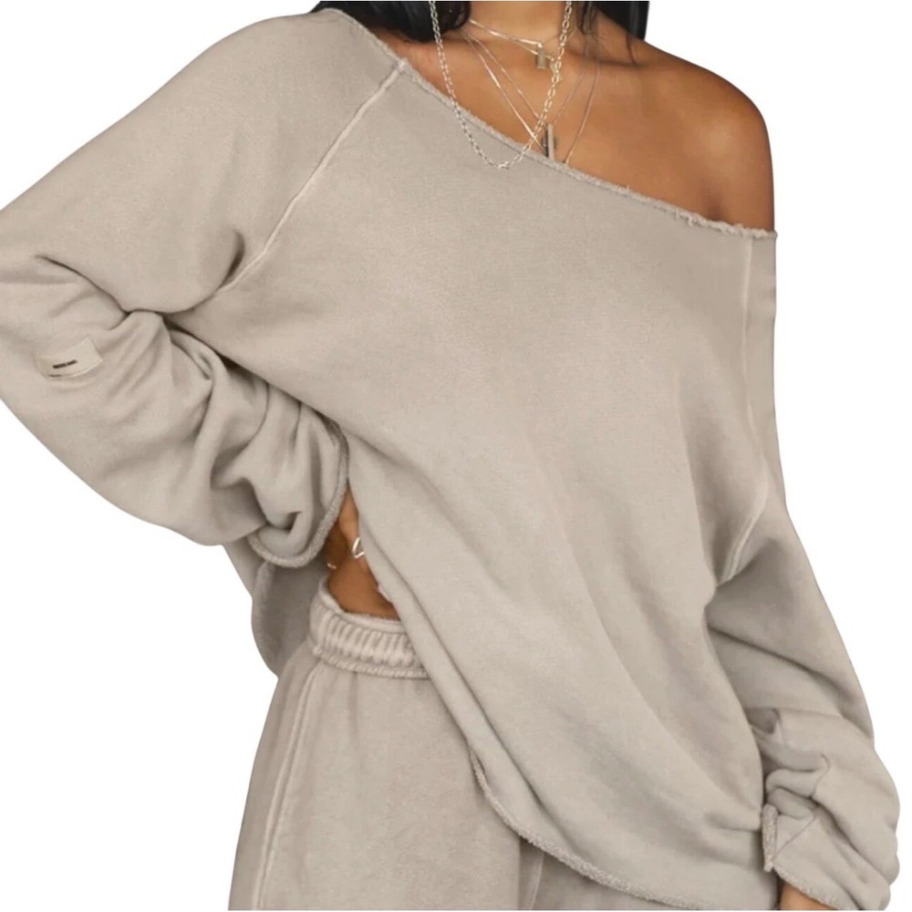 Joah Brown Oversized Raw Edge Slouchy Sweatshirt Sand M/L